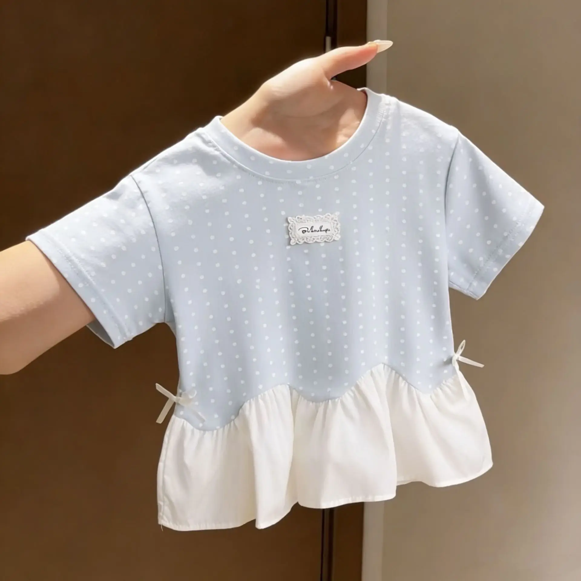 Bellbell Summer Children Girl Tee Thin Lace Spliced Sticker Kids Girls Short Sleeves Round Collar Dot Print Infant Baby Girl Top
