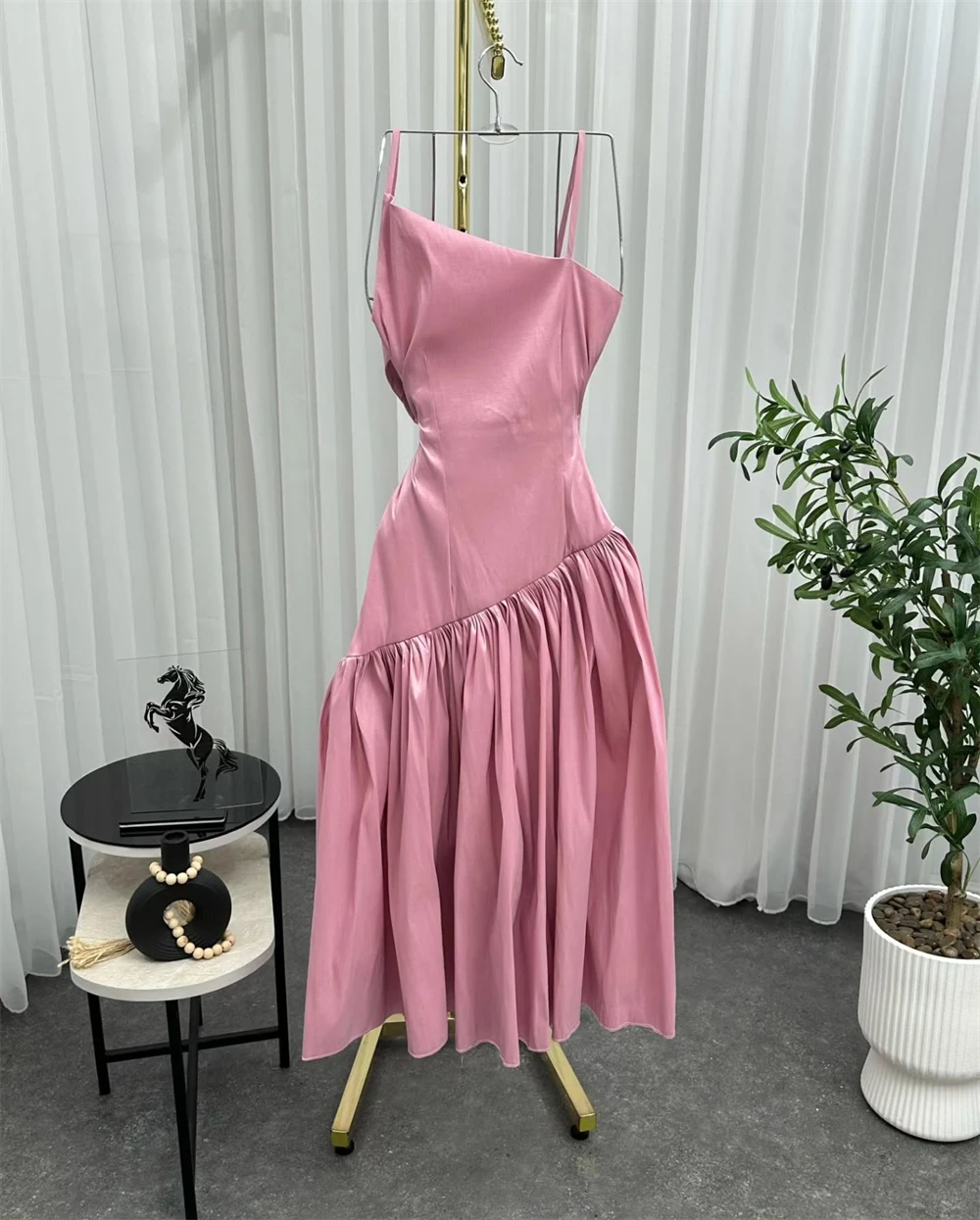 Customized Evening Dress Exquisite Spaghetti Strapless Prom Dress Satin Sleeveless A-Line Tea Length Special Occasion Gowns