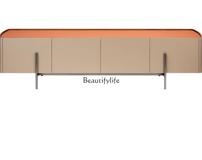 

FG44Solid Wood Stainless Steel Light Luxury Saddle Leather North America Black Walnut Wooden Floor Cabinet Customization