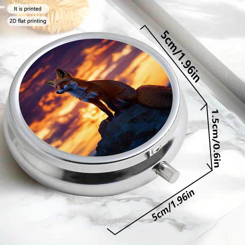 Fox-Patterned Round Sealed Box, Multifunctional Metal Box, 3-Compartment Storage Sealed Pill Box, Mini Portable Sealed Box for Travel, Outdoor Sports or Bag Use, Sealed Box for Vitamins with Multiple Compartments, Gift Collection Box, Printing Position May Vary, 【Flat Printing】