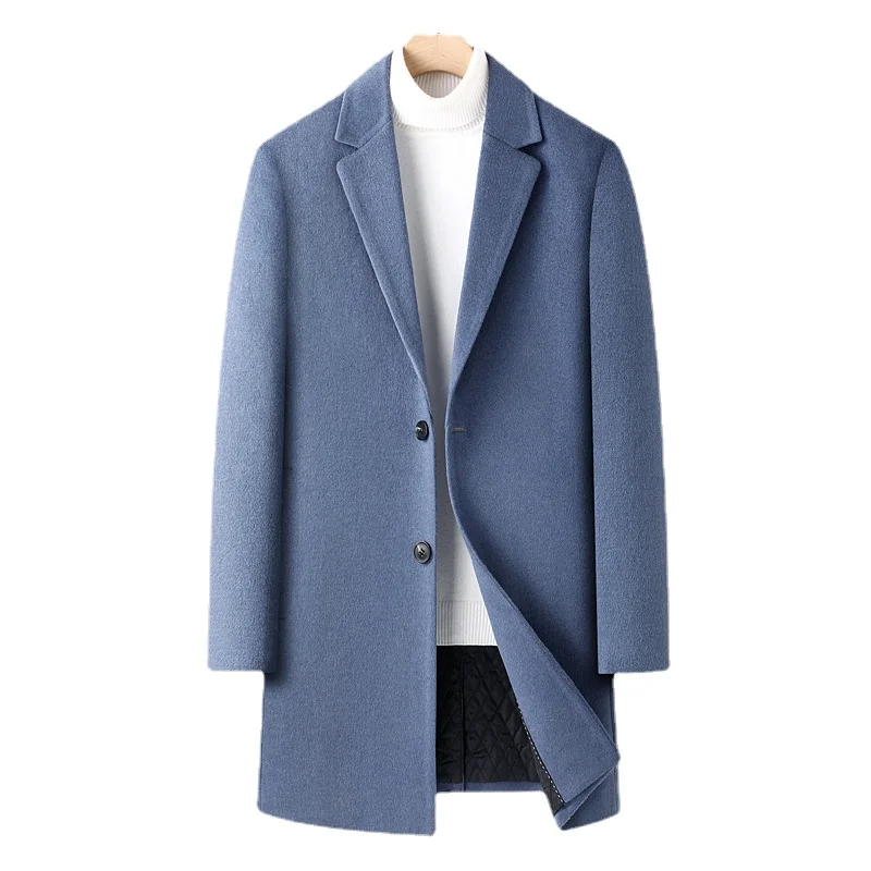 

New Men's Fashion Cashmere Elegant Gentleman Solid Color Plus Cotton Thickened Slim Casual Wool Coat Medium Long