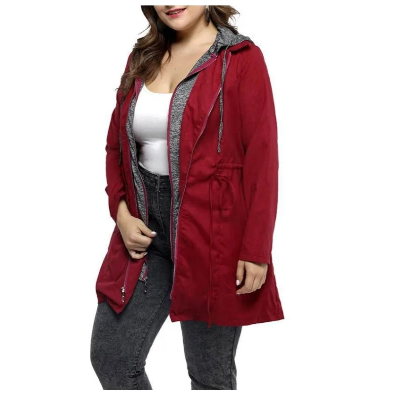 

2025 Long Women's Autumn and Winter Coat Double-row Zipper Fake Two-piece Hooded Large-size Trench Coat Women's
