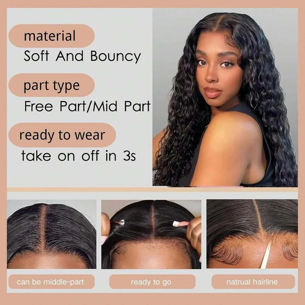 13x6 vague profonde dentelle avant perruques cheveux humains dentelle avant fermeture perruques pour les femmes 250% densité porter et aller sans colle perruque naturel noir