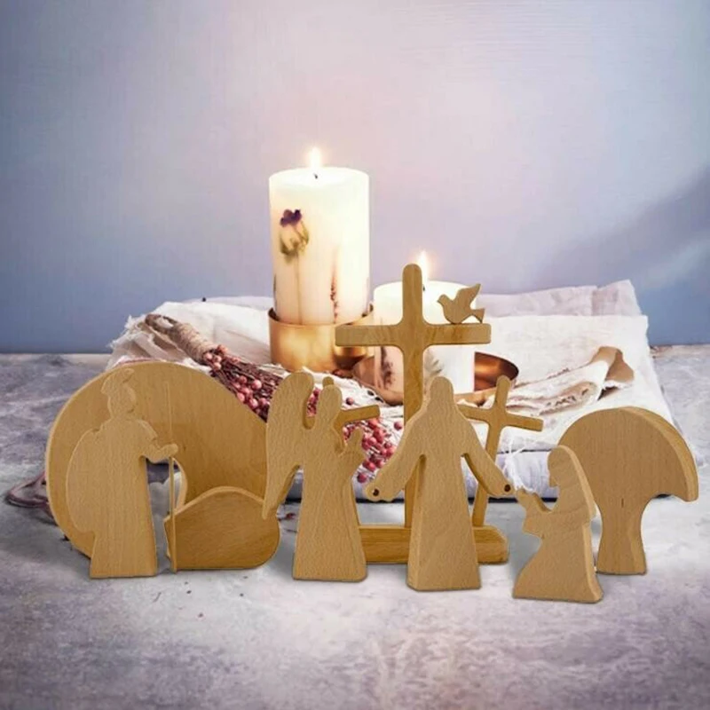 Wooden Home Party Decor Easter Decoration Ornament Symbol Creative 8pcs Wooden Mini DIY Nativity Set Living Room Ideal Gift