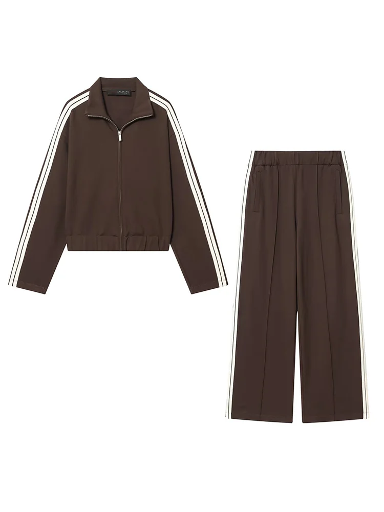

HH Woman Spring Fashion Turn-down Collar Striped Long Sleeves Zipper Coat+Zipper Wide-leg Waist Trousers Casual Two Piece Set