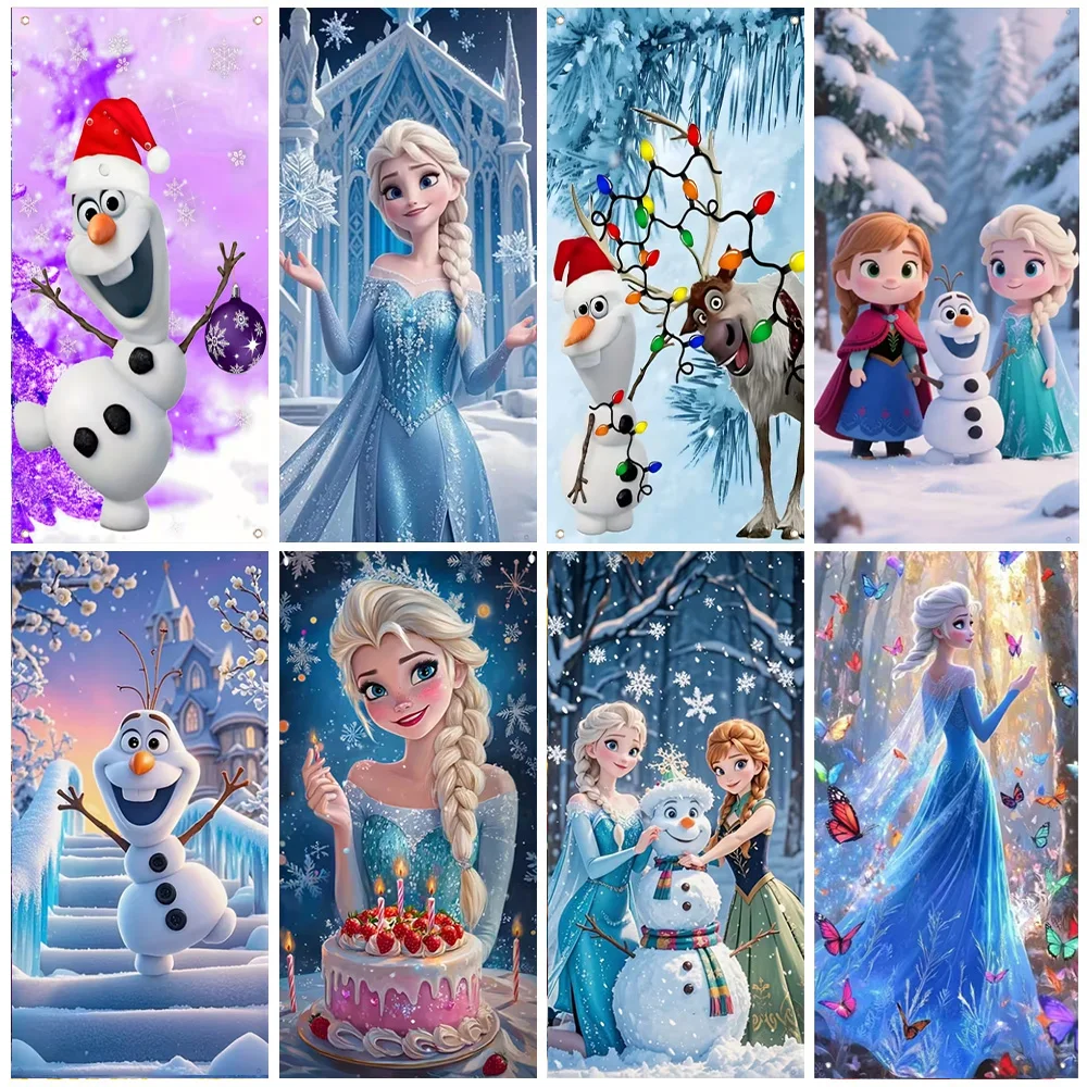 

Disney Frozen Elsa&Anna Princess Backdrop Cute Snowman Olaf Door Banner Fairy Tale Snowflake Castle Background Party Decorations