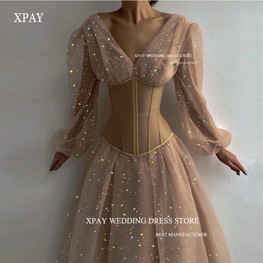 

XPAY Sparkly Dusty Pink Tulle Long Prom Dresses Puff Long Sleeves Sweetheart Corset Floor Length Evening Gowns Formal Party