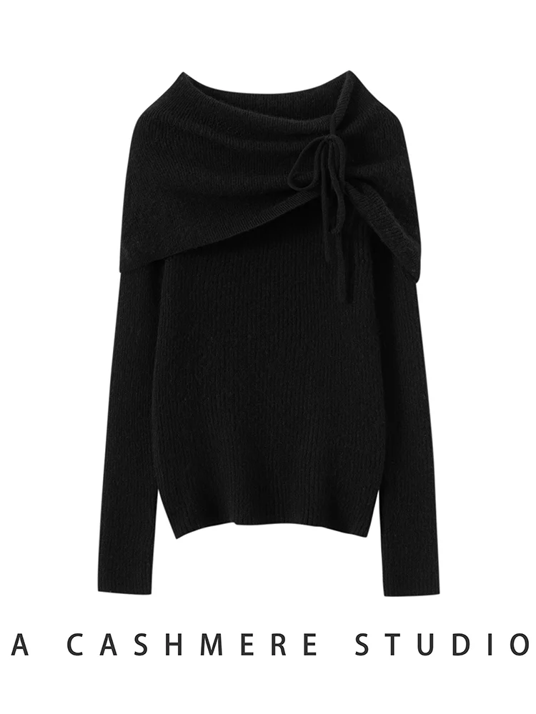 CHICUU ผู้หญิง 100% เสื้อกันหนาวแคชเมียร์เสื้อคอปกแขนยาวสแลชคอเกรซสไตล์แคชเมียร์เสื้อถักฤดูใบไม้ร่วงฤดูหนาวออฟฟิศเลดี้