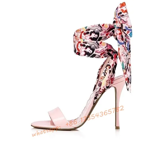 

Printed Ribbon Tie Stiletto High Heeled Sandals Women Summer Open Toe Black\Pink Gladiator Sandal 2022 New Luxury Design Shoes