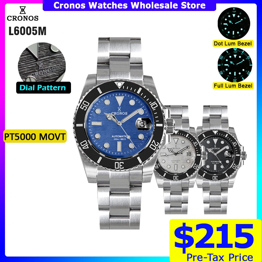 Cronos Sub Diver Men Watch Pattern Dial Stainless Steel PT5000 Brushed Bracelet Ceramic Bezel 200 meters Water Resistant L6005M