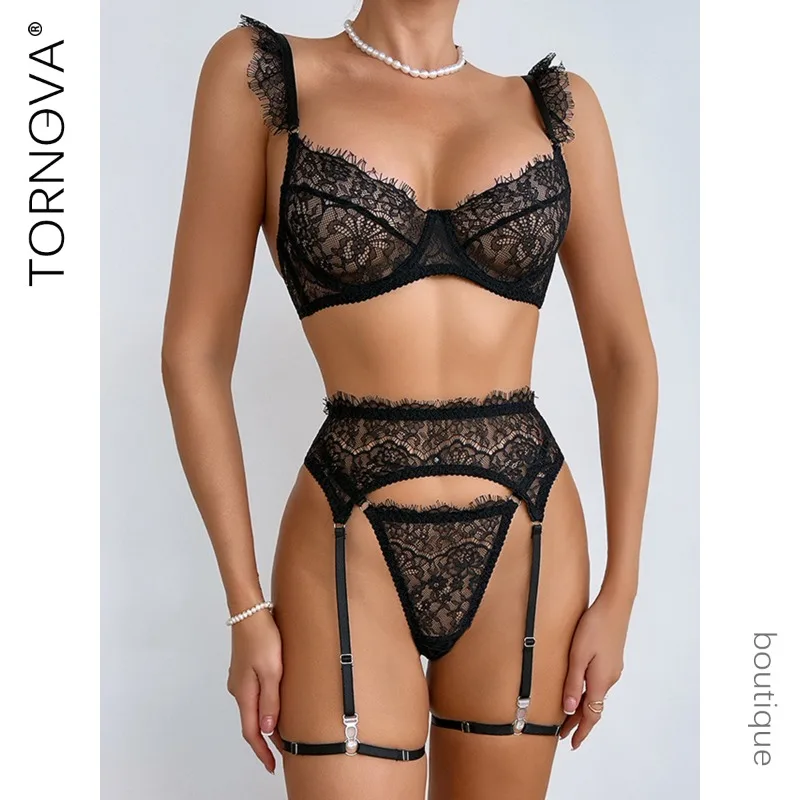

Эротическое нижнее белье Tornova, кружевное прозрачное лоскутное белье с цветочной вышивкой, соблазнительный полый женский корсет с подвязками, комплект