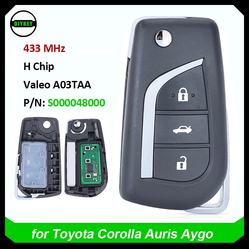 DIYKEY 3 Button Smart Key for Toyota Auris Corolla Aygo 2012-2017 433MHz ASK H Chip Flip Remote Fob S000048000 Valeo A03TAA