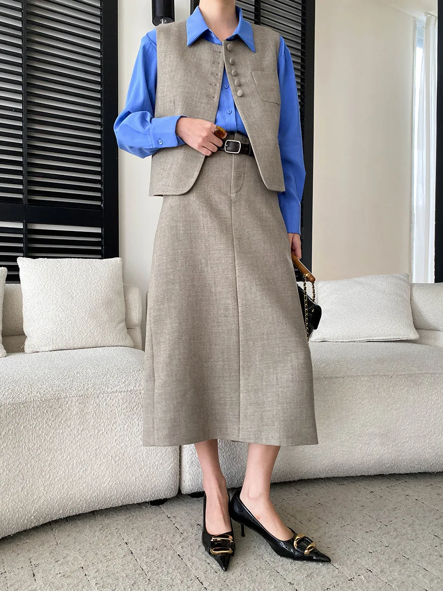 Autumn New Collection with Waist Belt Commuter Style Vest Skirt Two Piece Set