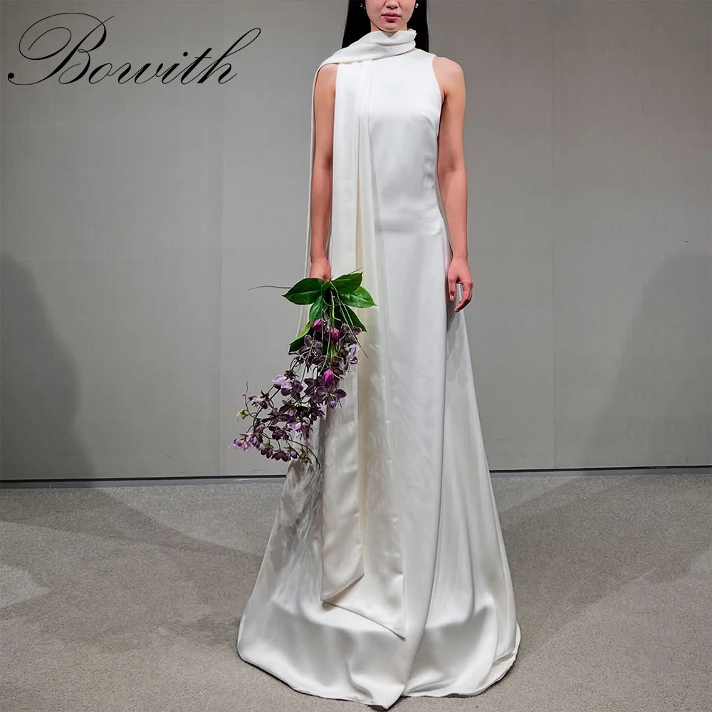 

Bowith Simple Korean Wedding Dresses Scoop Collar Sleeves Bridal Reception Dresses with Scraf Customized Wedding Snap Dresses