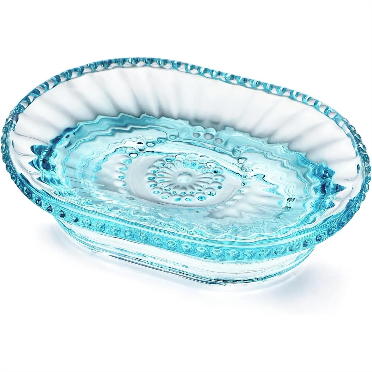 

Vintage Glass Soap Dish with Embossed Design for Bathroom Shower and Kitchen Sink, Heavy Decorative Soap Saver Tray