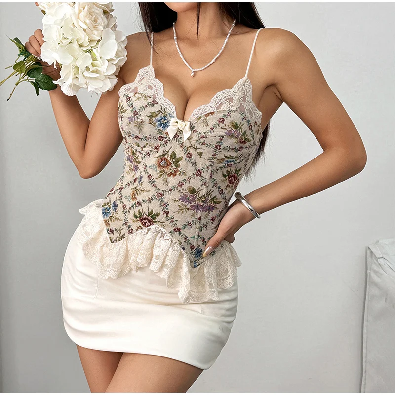 

Сексуальный ретро кружевной лоскутный жилет с цветочным принтом, женский жилет с глубоким v-образным вырезом, богемный облегающий удобный топ, нижнее белье, модная одежда