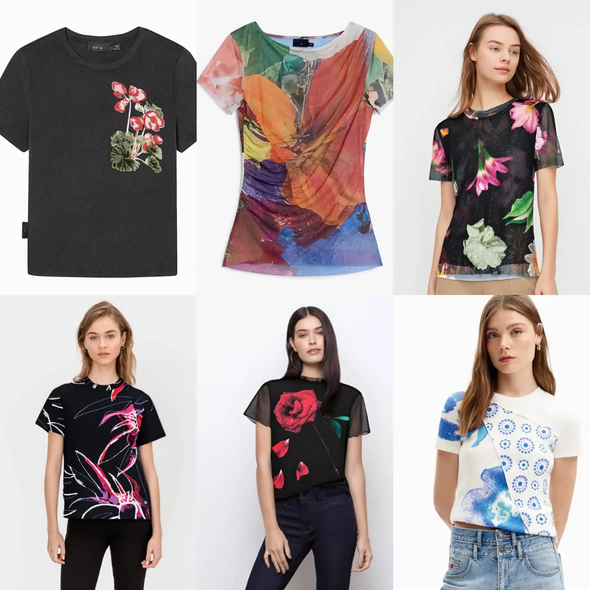 

European, American, Spanish original single women's T-shirt summer short sleeved printed slim fit round neck top light luxury
