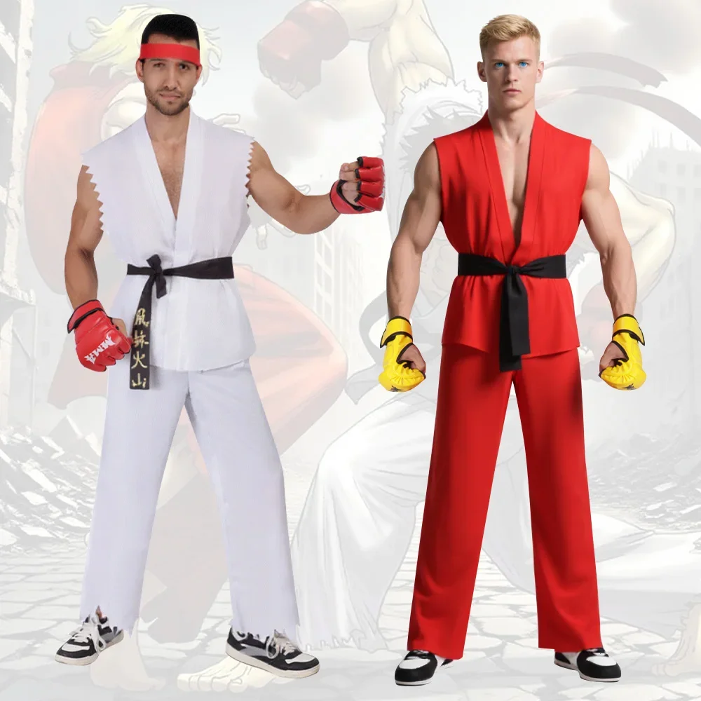 Men White Red Martial Arts Uniform With Belt Ryu Ken Cosplay Costume Street Fighter Inspired Outfit For Halloween Masquerade Fan