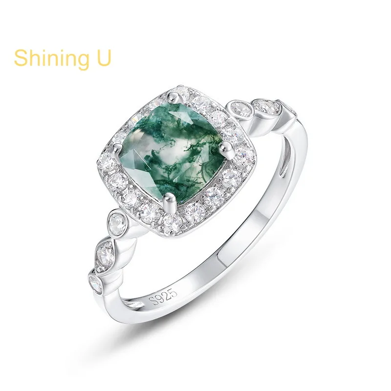 Shining U 925 Sterling Silver 7*7mm Cushion Green Stone Ring for Women Fine Jewelry Summer