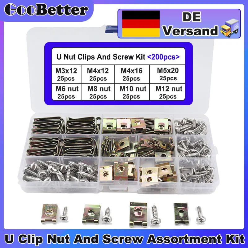 

200Pcs U Nut Clips and Screw Assortment Kit Spring Clamp Clip Nuts Stainless Steel Phillips Self Tapping Motorcycle Screws Set