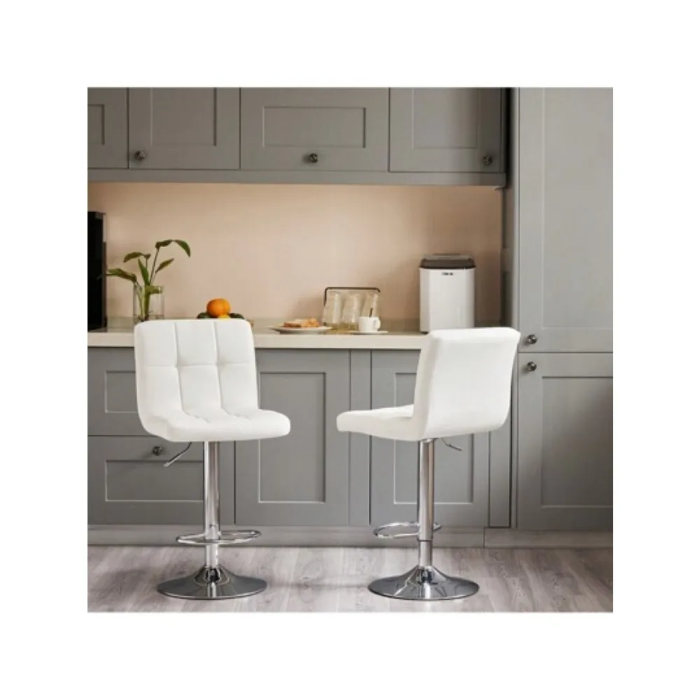 PU Leather Adjustable Swivel Bar Stools Pair Armless Hydraulic Counter Height Thick Seat Cushion Square With Back