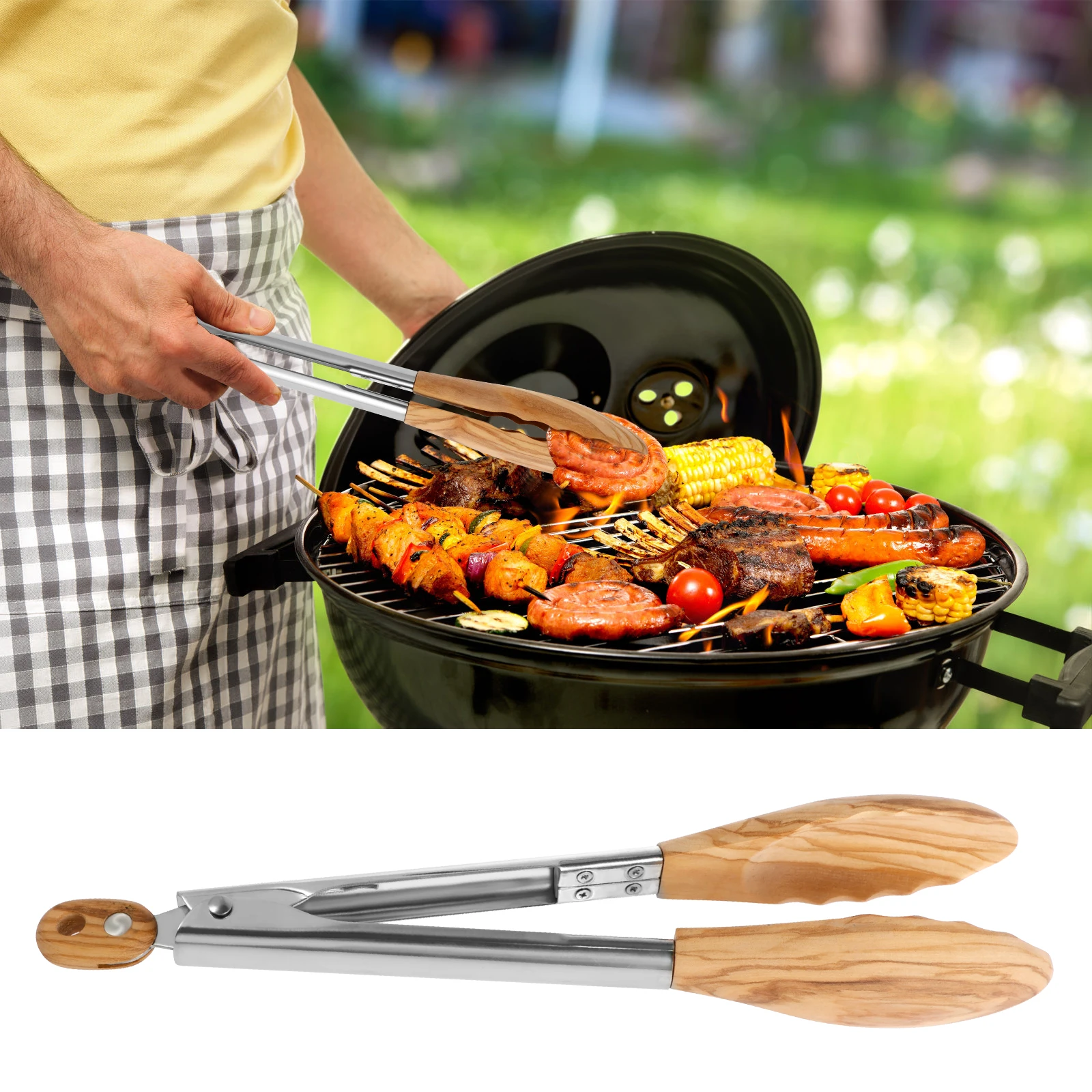 Olive Wood Cooking Tongs with Wood Tips and Stainless Steel Handle Locking Kitchen Tongs Nonstick Wood Tongs Multifunctional