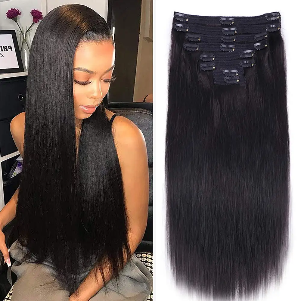 Clip In Hair Extensions Natural Straight Real Human Hair Extensions 26 Inch For Salon High Quality Clip Ins Remy Hair Black #1B