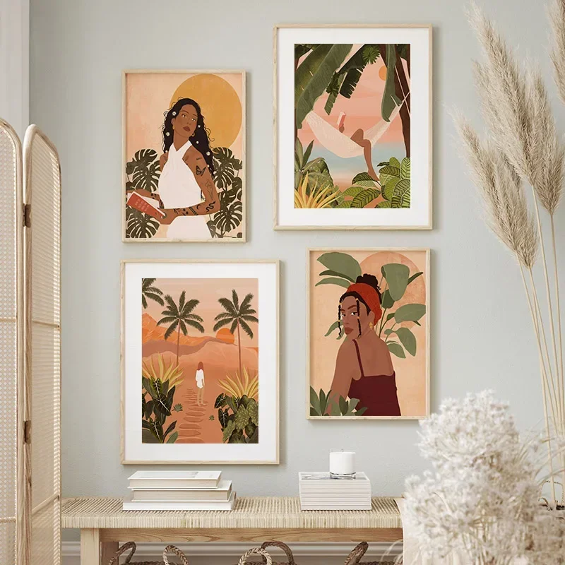 Multi-size 1PC frameless high-definition decorative paintings,Fashion Illustration Tropical Plant Leaves Girl Beach Wall Art Can