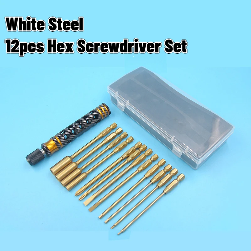 

1.5/2.0/2.5/3.0mm Titanium Plated White Steel Hexagon Socket Slotted Cross Screwdriver 12pcs Set RC Model Tool Box