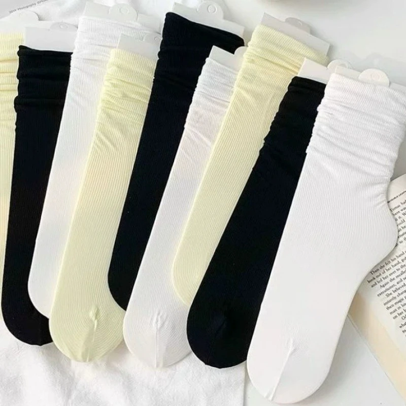 

Spring Summer Women Ice Silk Socks Lightweight Breathable Long Tube Socks Black White Cream Ice Pile Sock Cool Mid Calf Hosiery