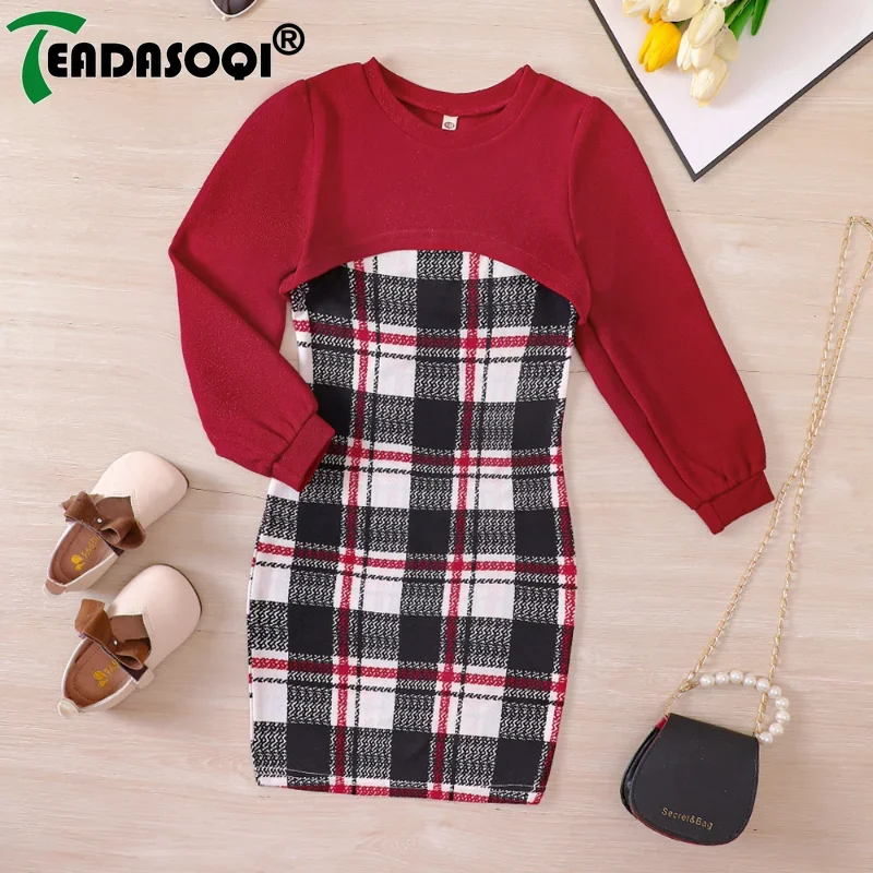 Kids Mid Size Girls's Casual Autumn Winter Children Clothing Outfits Long Sleeved Short Top+Plaid Suspender Wrap Hip Skirt Sets