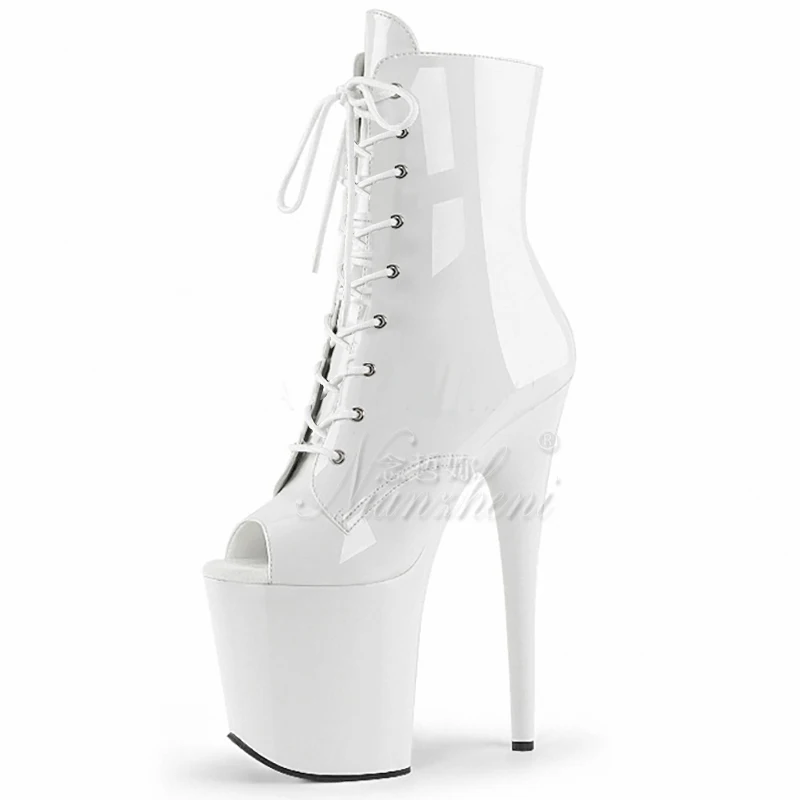 Sexy Fetish Stripper Peep Toe Ankle Boot Pole Dance 8inch Lace Up 20cm High HeelBig Size Gothic Shoes Motorcycle Clubbing Exotic