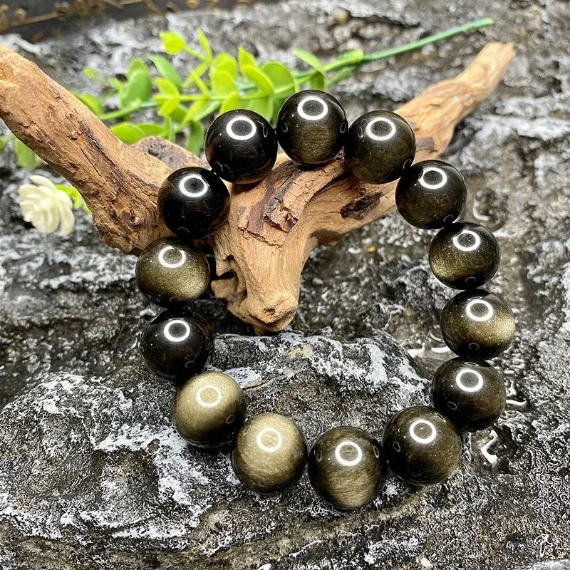 Handmade Black Obsidian Bracelet with Double Golden Eye, Unisex and Adjustable Beaded Wristband, Best Gift for Rabbit Year