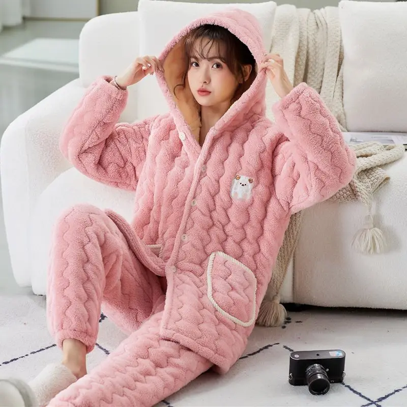 Flannel Three-layer Padded Thickened Pajamas Women's Winter Fleece Coral Fleece Cute Winter Padded Jacket Loungewear Set Comfort