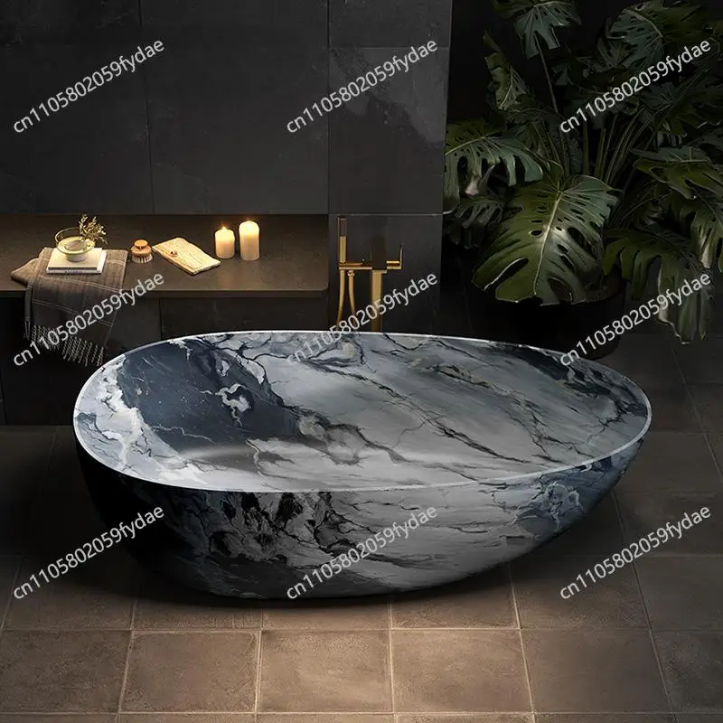 Luxury Marble Pattern Freestanding Bathtub, Oval Artificial Stone Soaking Tub for Hotel Villa, Customizable Double Person Tub