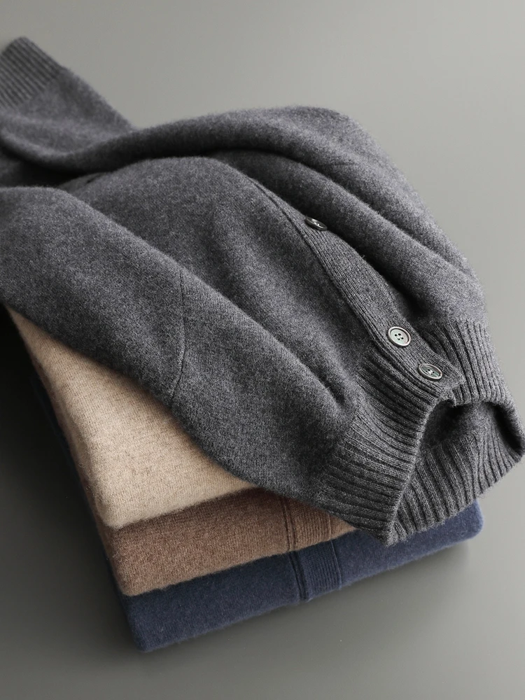 High Quality Men 100% Cashmere Sweater Autumn Winter Thick Buttons Cardigan Mock-neck Smart Casual Coat Warm Cashmere Knitwear