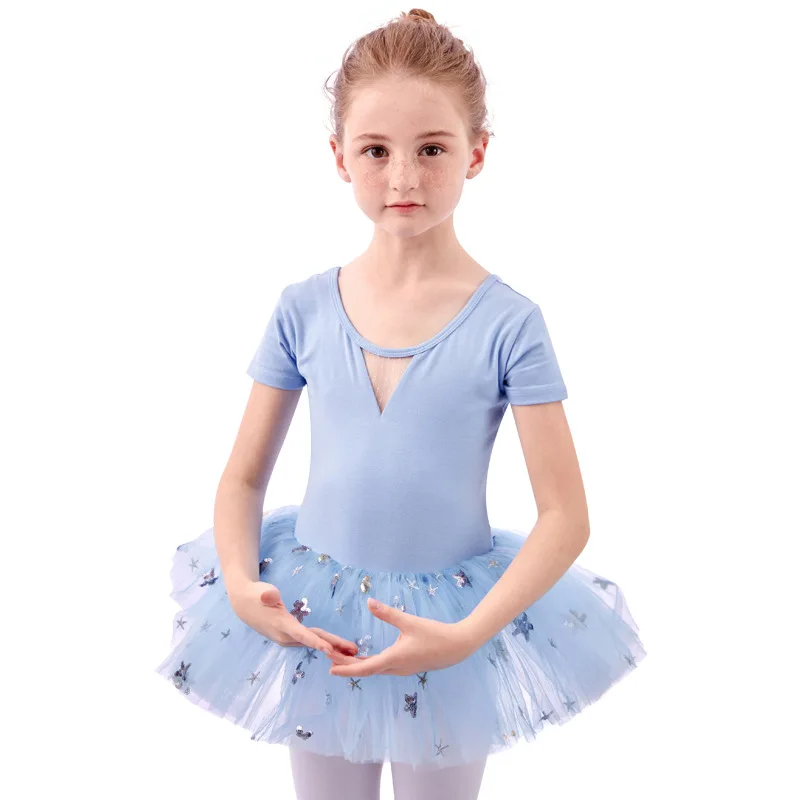 J002 Children's sky blue dance dress girls practice dress summer dance body dress