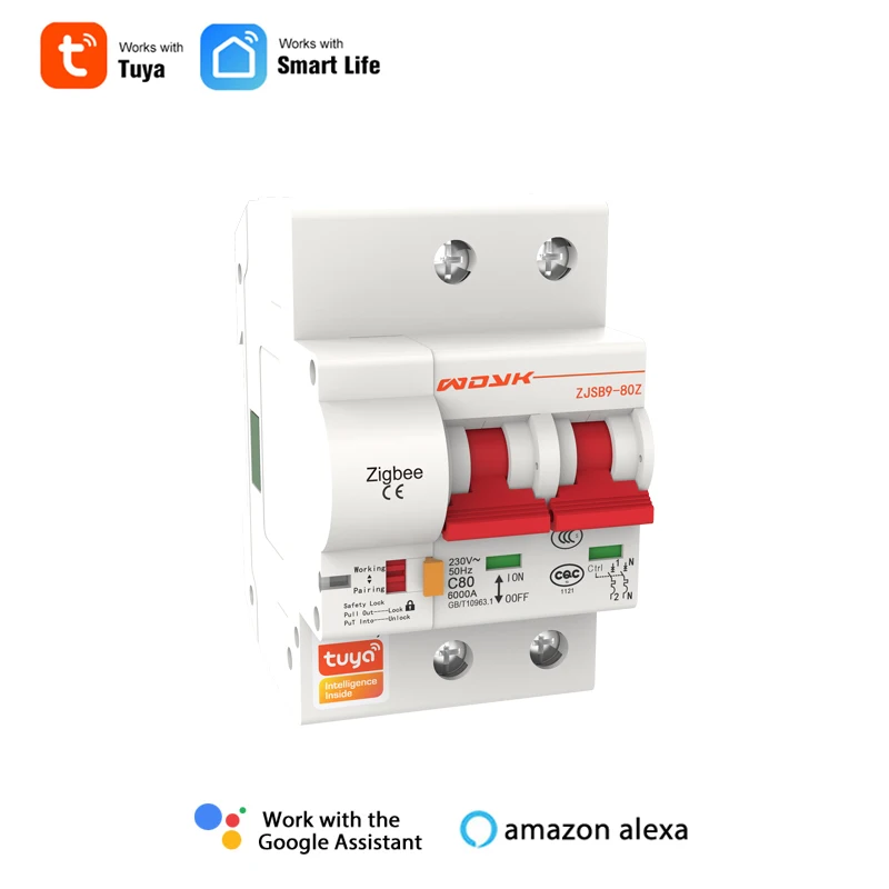 1P 2P Single Two Phase Zigbee Tuya Smart Din Rail Circuit Breaker Switch,Overload Short Circuit Protection,Alexa Remote Control