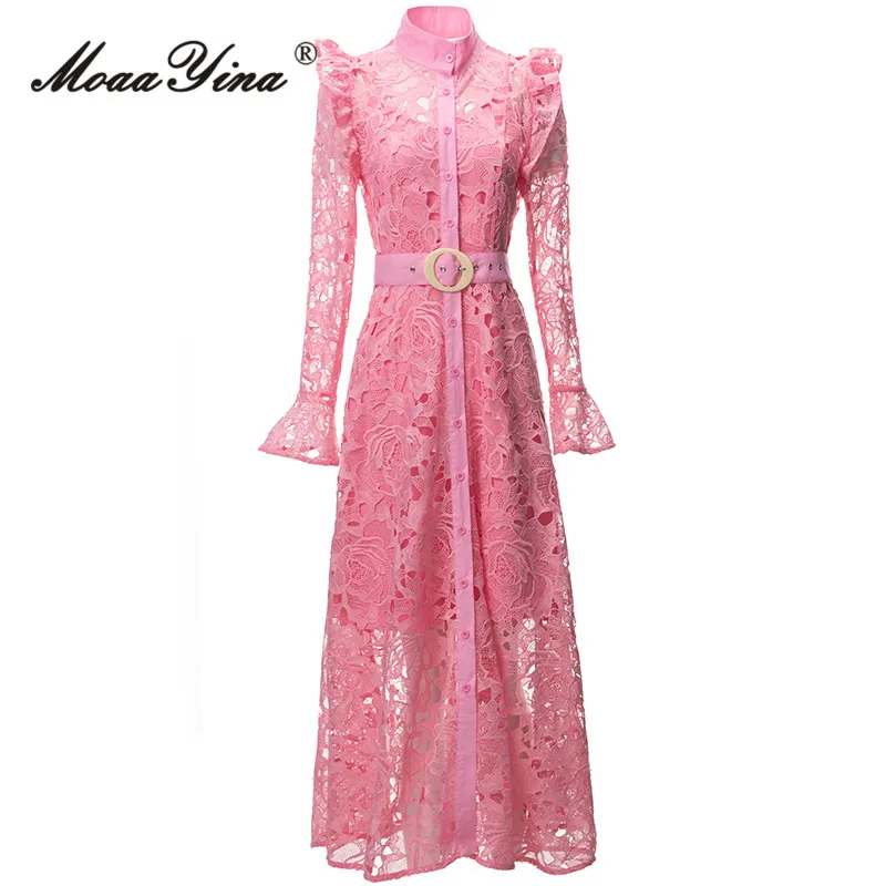 

MoaaYina Autumn Fashion Designer Pink Vintage Party Dress Women Stand Collar Button Sashes Hollow Out Embroidery Slim Long Dress