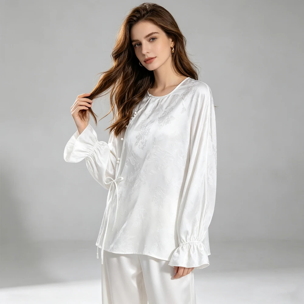 Women's Fashion Autumn New 100% Natural Mulberry Silk SangBo Satin White Jacquard Diagonal Collar Round Neck Long Sleeve Shirt