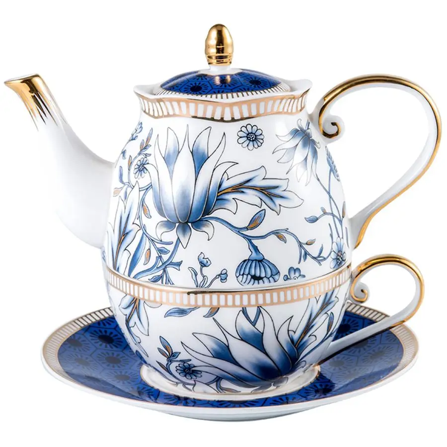 

Чайный сервиз для одного чайника и чашки, винтажный фарфоровый чайный сервиз с цветочным принтом для одного, набор чайников из костяного фарфора, подарочный набор чайников для женщин, синий
