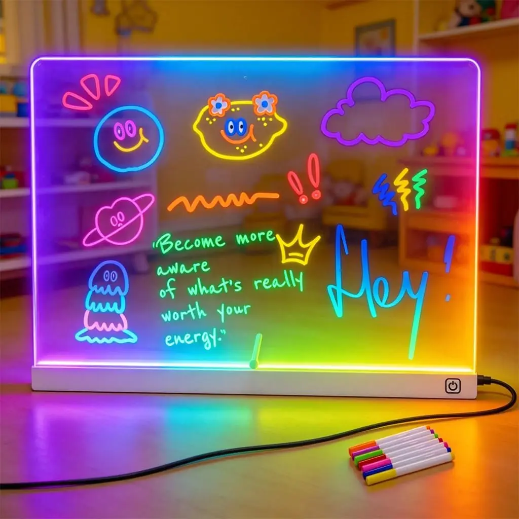 LED-Zeichenbrett mit 7 Farben & 3 Lichtmodi, Löschbare Notiztafel Inklusive Ständer, 7 Marker, Perfekt für Feiertage und Geburtstage
