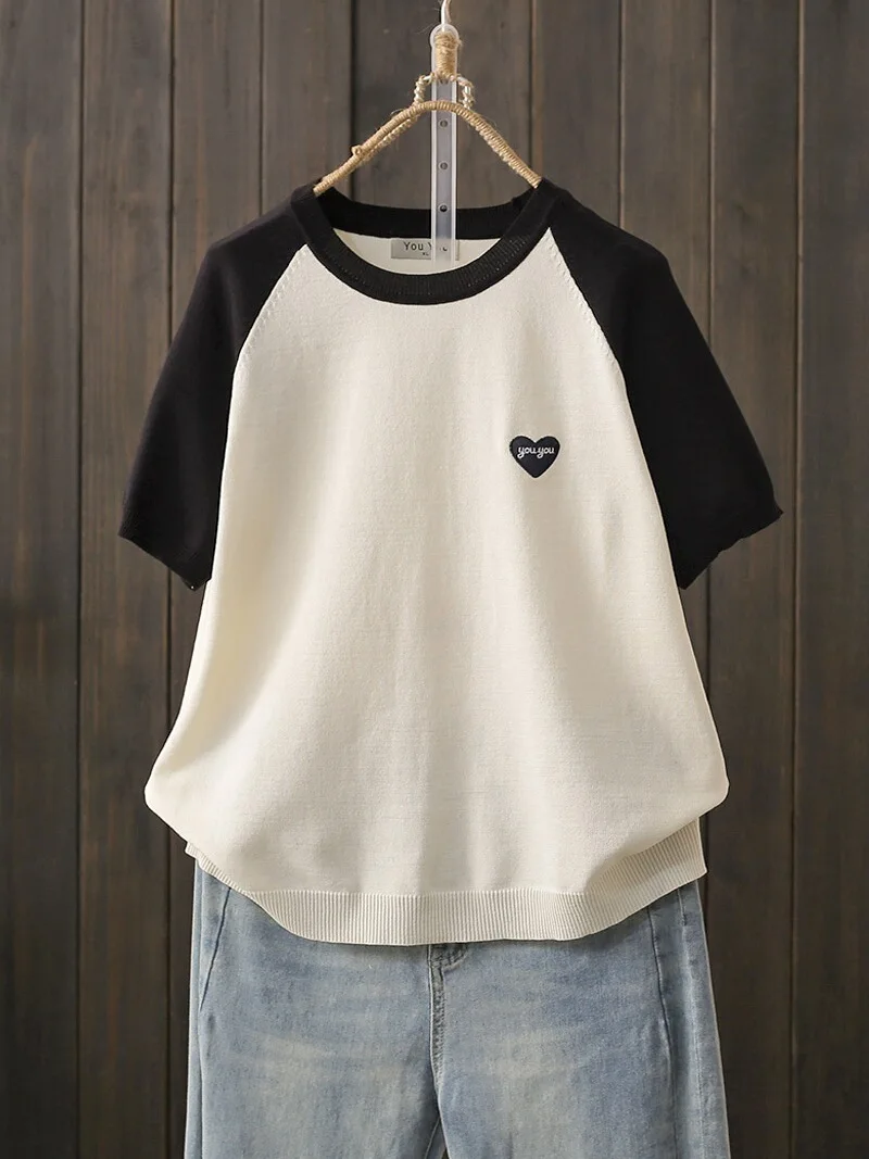 

Summer Thin Short Sleeve Knitted T-Shirt Big Size 200 Pounds Shoulder Insertion Embroidery Slimming Base Shirt for plus Size ...