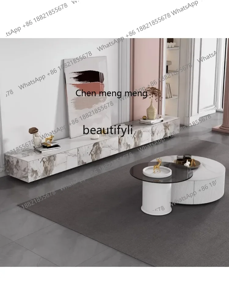 Xz1Cream نمط لوحة حجرية تلفزيون خزانة غرفة المعيشة الحديثة بسيطة شقة صغيرة خزانة أرضية طاولة القهوة مزيج التخزين #2