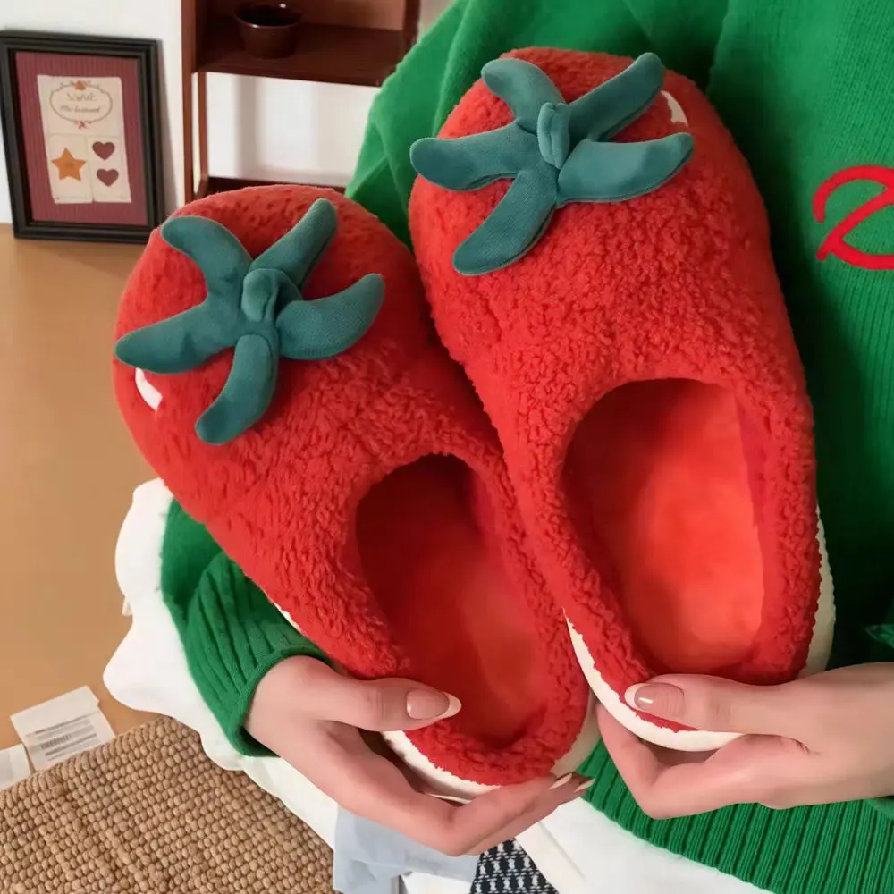 Homewear hiver en peluche tomate pantoufles épaissir chaud anti-dérapant dessin animé fourrure pantoufles doux mignon maison coton chaussures intérieur
