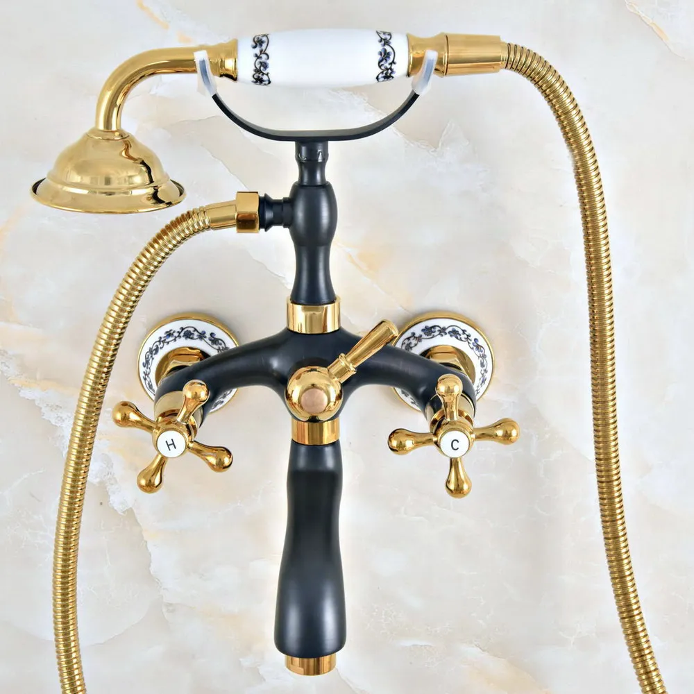 

Golden Black Brass Porcelain Base Wall Mount Bathroom Shower Bathtub Faucet Set Dual Handle Mixer Tap + Ceramic Handheld Spray
