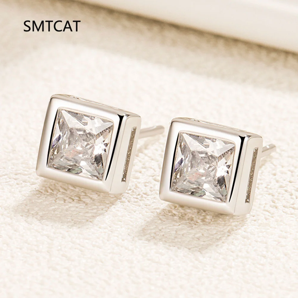 Real 1 Carat Princess Cut Simulated Moissanite Diamond Stud Earrings for Women Party Fine Jewelry S925 Sterling Silver Earring
