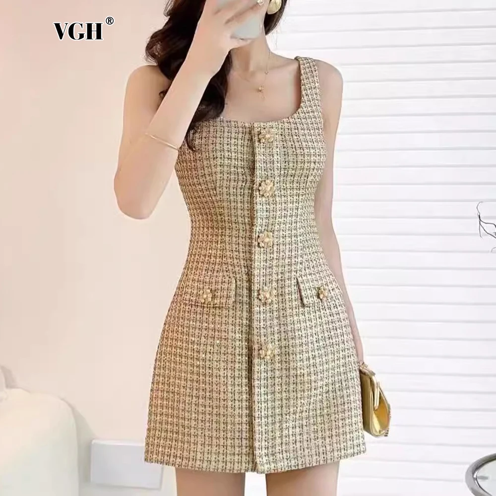 

VGH Elegant Plaid Spliced Buttons Slimming Dress for Women Square Collar Sleeveless High Waist Dresses Female Fashion Style New