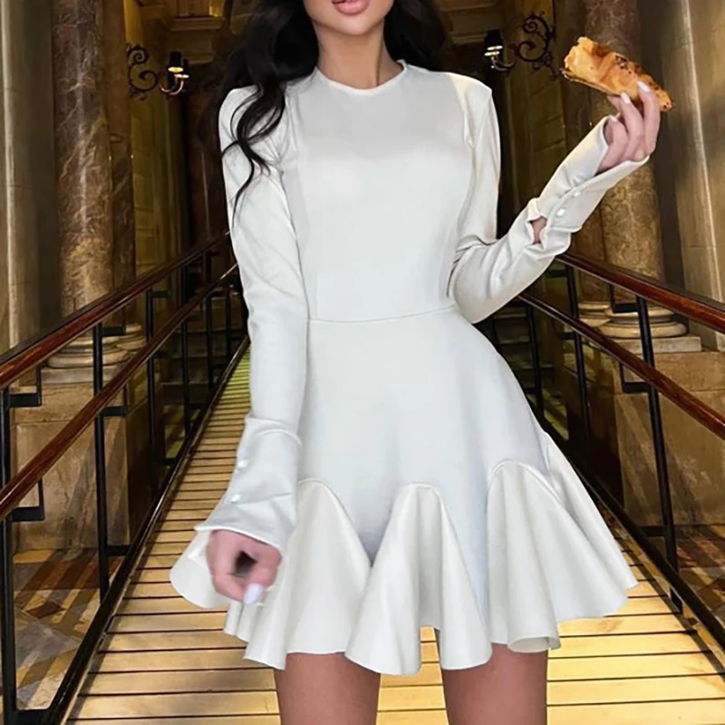 Simple Solid High Waist A Line Dresses Leather Patchwork Design Slim Party Dress Elegant O Neck Long Sleeved Pleated Short Dress