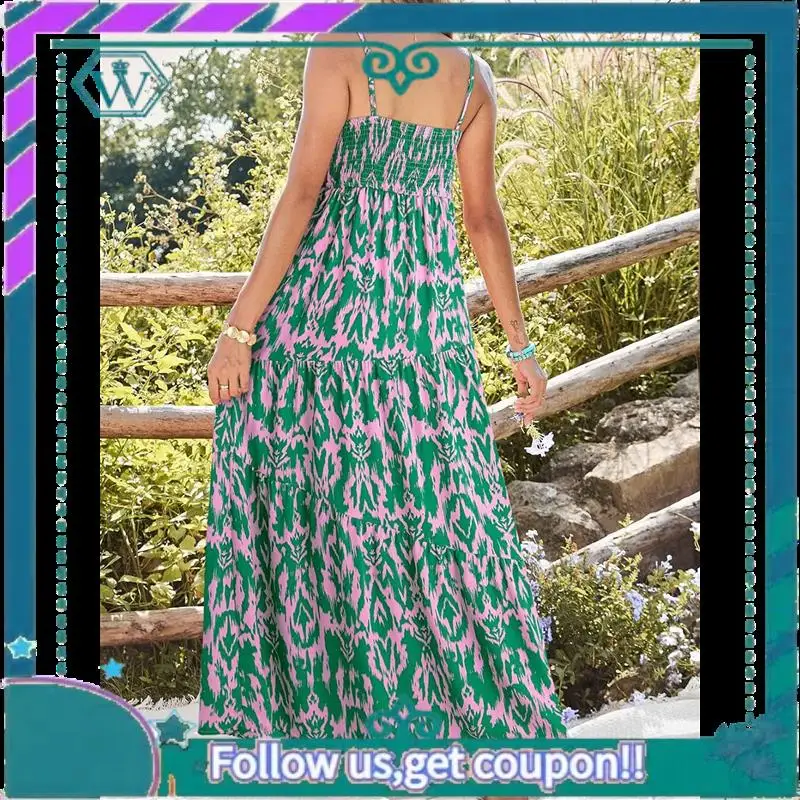 A09P Vestido de verão casual feminino boho vestido sem mangas estampado longo em camadas maxi vestido de praia 2025